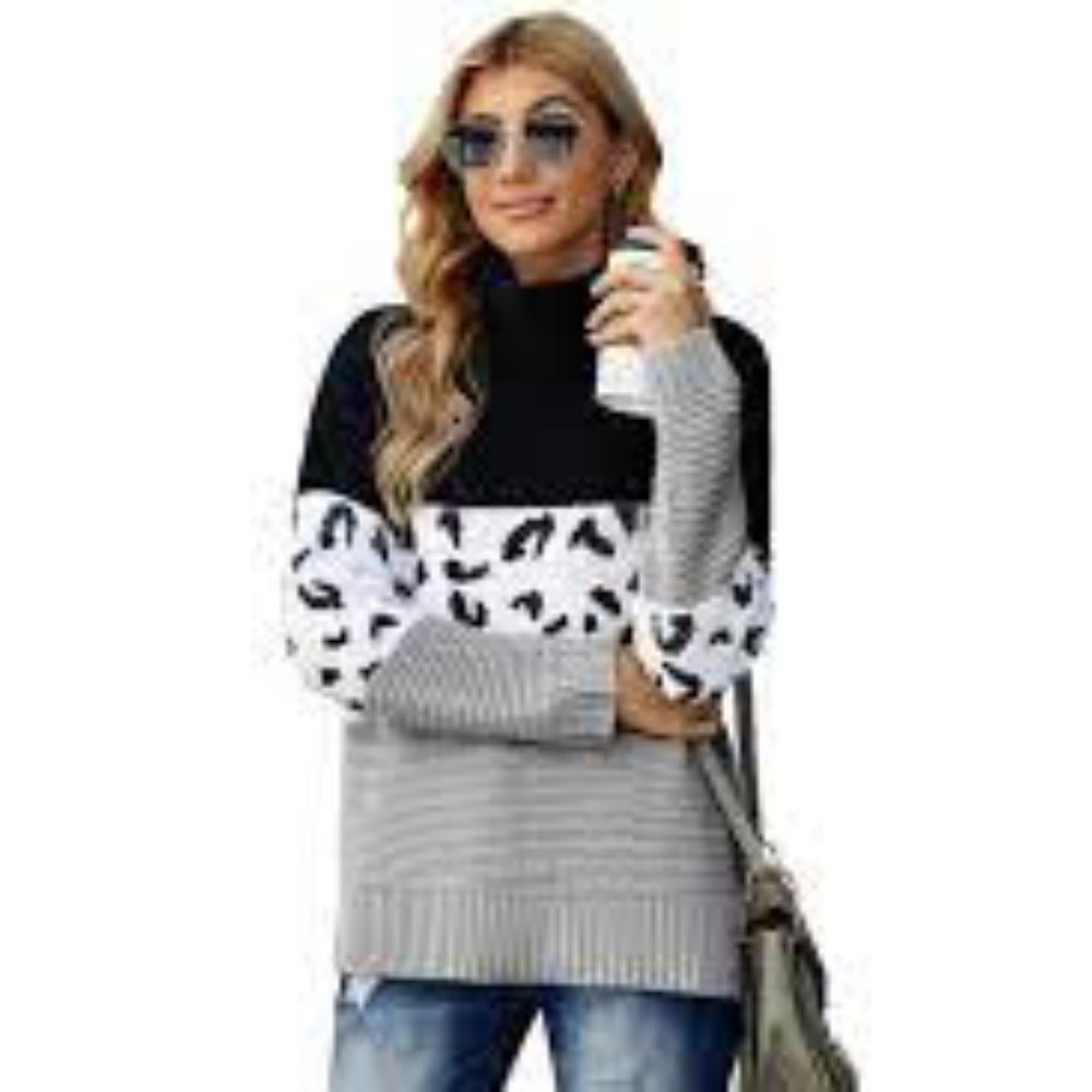 Women’s Turtleneck Splicing Chunky Pullover Sweater in Black Combo Sz small NWT